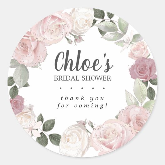 ラスティック ピンク ローズ フローラル ブライダル シャワー サンクス ラウンドシール (正面)