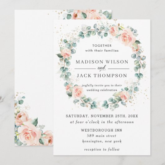 ラスティック ピーチ ブラッシュ フローラル グリーンリース ウェディング 招待状 (正面/裏面)