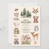 ラスティック フォレスト ウッドランド アニマルズ ワイルド ワン バースデー 招待状 (正面)