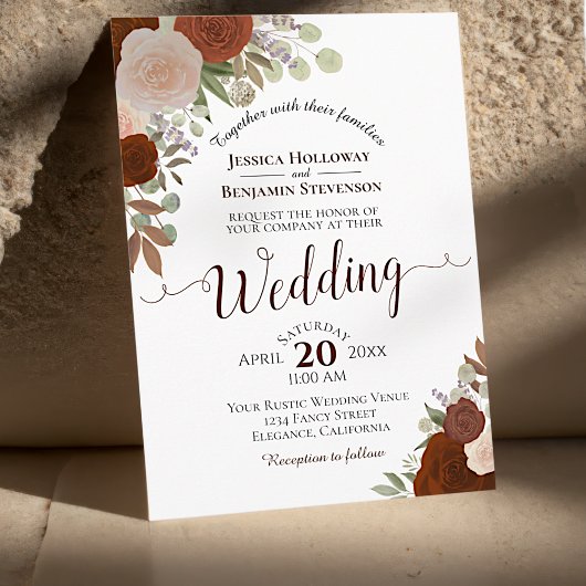 ラスティック フォール ウォーターカラー フローラル ラスト オレンジ ウェディング 招待状