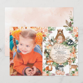 ラスティック フォール ウッドランド フローラル ワイルド ワン 1歳の誕生日 招待状
