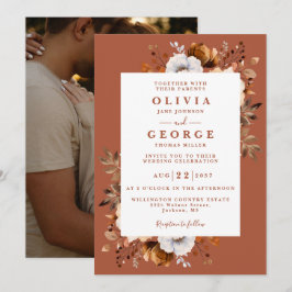 ラスティック フォール テラコッタ モダン フローラル フォト ウェディング 招待状