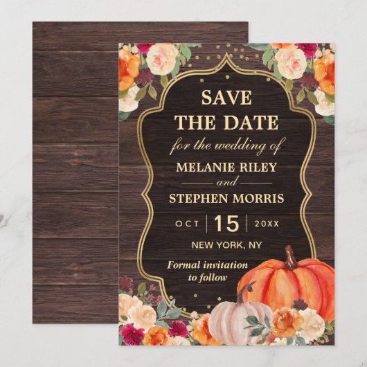 ラスティック フォール パンプキン フラワーの結婚式 保存日 セーブザデート (正面/裏面)
