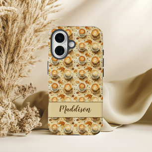 ラスティック・フォール・ラテ柄と秋の葉 iPhone 16ケース