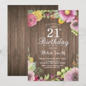 ラスティック フラワーの21歳の誕生日招待状（女性向け） 招待状 (正面/裏面)