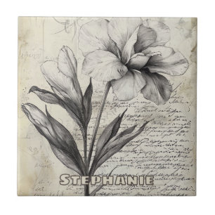 ラスティック フラワー スケッチ カリグラフィー 柄 - アンティーク (3) タイル
