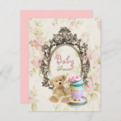 ラスティック フラワー テディベア ベビーシャワー 招待状 (正面/裏面)