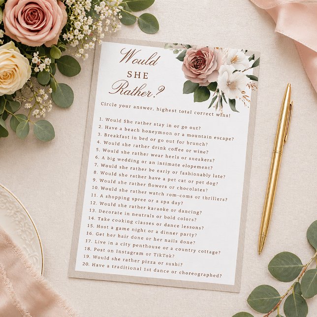 ラスティック フラワー Would She Rather ブライダルシャワーゲーム (Bridal Shower Game Card)