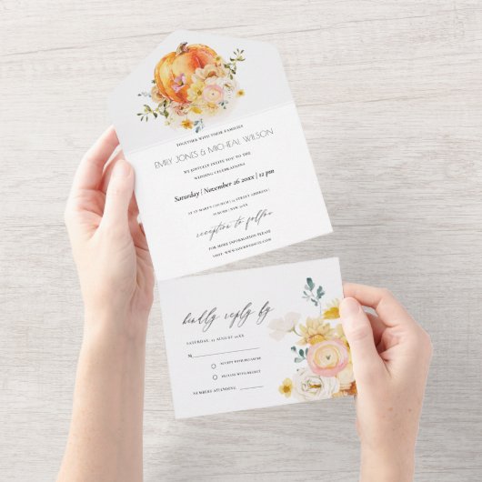 ラスティック フローラル オレンジ オータム パンプキン ウェディング オールインワン招待状 (貼ってはがせる)