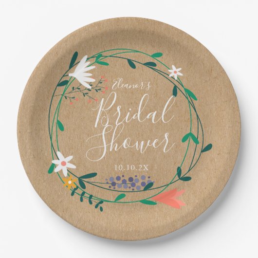 ラスティック フローラル ガーランド ブライダル シャワー ペーパープレート (正面)