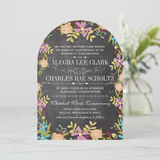 ラスティック フローラル グリーン チャックボード ウェディング 招待状 (スタンド正面)