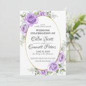 ラスティック フローラル ゴールド ボーダー ライト パープル ローズ ウェディング 招待状 (スタンド正面)