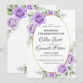 ラスティック フローラル ゴールド ボーダー ライト パープル ローズ ウェディング 招待状 (正面/裏面)