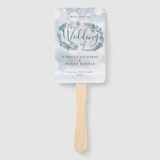 ラスティック フローラル スノーフレーク ウィンター ウェディング プログラム ハンドファン (正面)