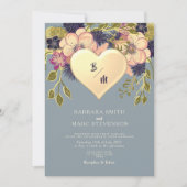 ラスティック フローラル ハート ゴールド ダスティ ブルー ウェディング インビテ 招待状 (正面)