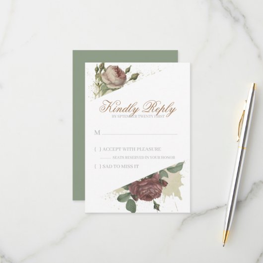 ラスティック フローラル バーガンディ マルサラ ブラッシュ ローズ モダン 出欠カード (正面/裏面インサイチュ)