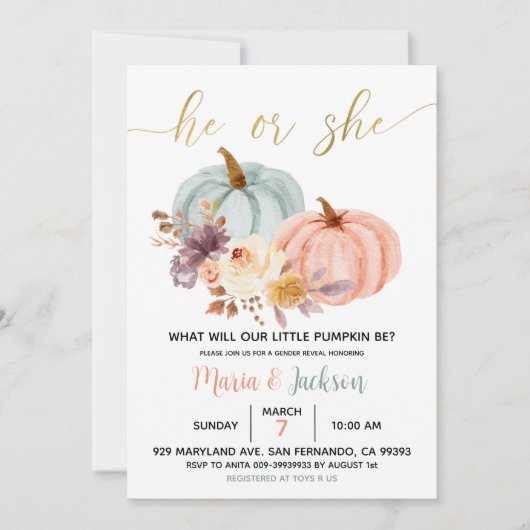 ラスティック フローラル パンプキン 性別発表パーティー 招待状 (正面)