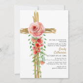 ラスティック フローラル ボタニカル クロス シンプル 洗礼 招待状 (正面)