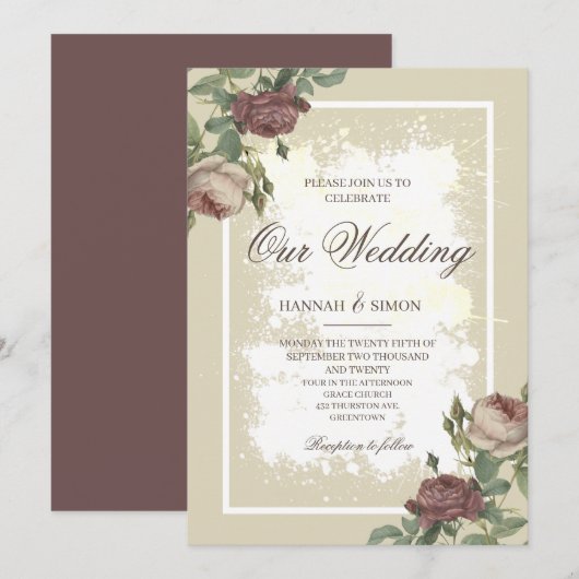 ラスティック フローラル ミニマリスト バーガンディ ゴールド ウェディング 招待状 (正面/裏面)