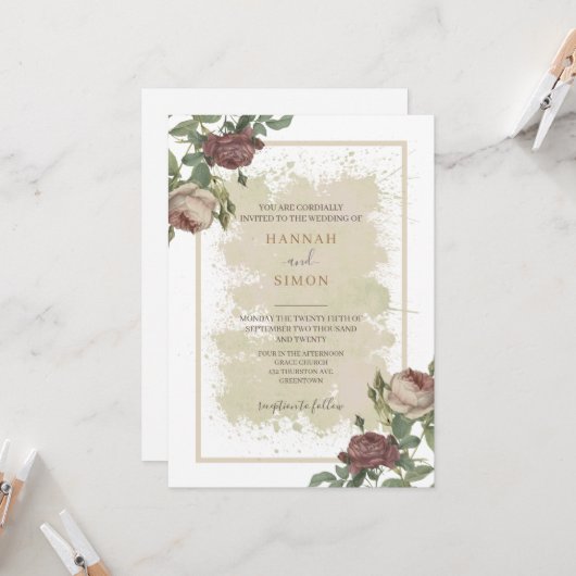 ラスティック フローラル ミニマリスト バーガンディ ゴールド ウェディング  招待状 (正面/裏面インサイチュ)