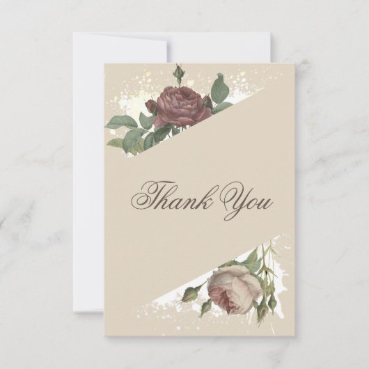 ラスティック フローラル モダン バーガンディ マルサラ ゴールド ウェディング サンキューカード (正面)
