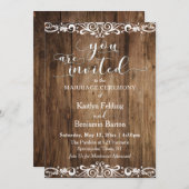 ラスティック ブラウン ウッド、スクロールワーク、タイポグラフィー ウェディング 招待状 (正面/裏面)
