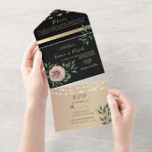 ラスティック ブラックとピンクの花の結婚式 オールインワン招待状 (貼ってはがせる)