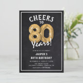ラスティック ブラックボード ゴールド 風船 80歳の誕生日 招待状 (スタンド正面)