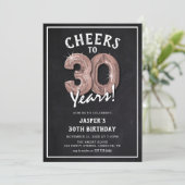 ラスティック ブラックボード ローズゴールド 風船 30歳の誕生日 招待状 (スタンド正面)