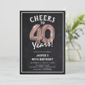 ラスティック ブラックボード ローズゴールド 風船 40歳の誕生日 招待状 (スタンド正面)