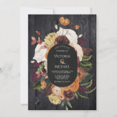ラスティック ブラック ウッド オータム フローラル リース ウェディング 招待状 (正面)