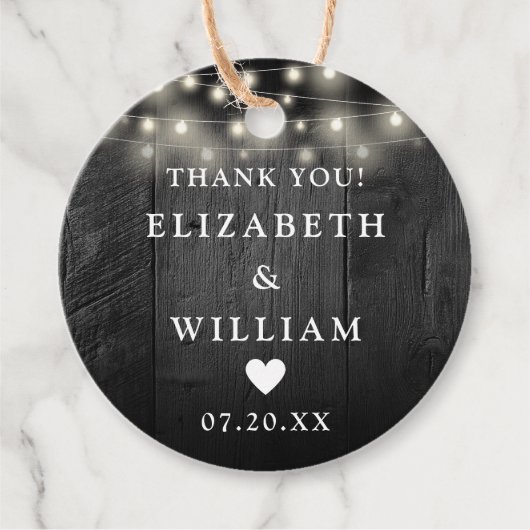 ラスティック ブラック ウッド バーン ウェディング ストリング ライト フェイバータグ (正面)