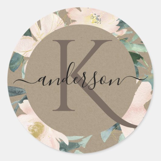 ラスティック ブラッシュ ゴールド クラフト フローラル ウォーターカラー モノグラム ラウンドシール (正面)