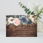 ラスティック ブラッシュ & ネイビー フラワー ウェディング 招待状 RSVP (スタンド正面)