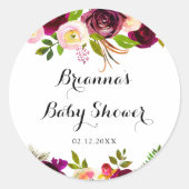 ラスティック ブラッシュ バーガンディ フラワーベイビーシャワーフェイバー ラウンドシール (正面)
