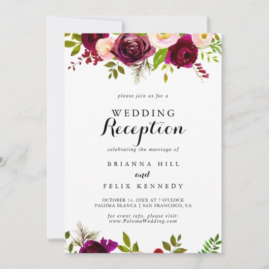 ラスティック ブラッシュ バーガンディ フローラル ウェディング レセプション 招待状 (正面)