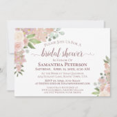ラスティック ブラッシュ ピンク ウォーターカラー フローラル ブライダル シャワー 招待状 (正面)
