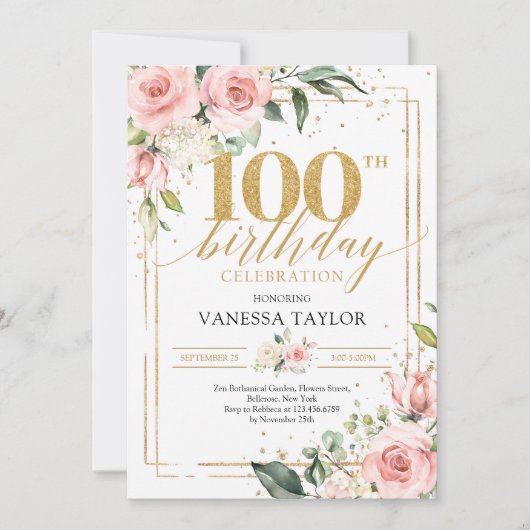 ラスティック ブラッシュ フローラル グリーン ゴールド フレーム 100周年 招待状 (正面)