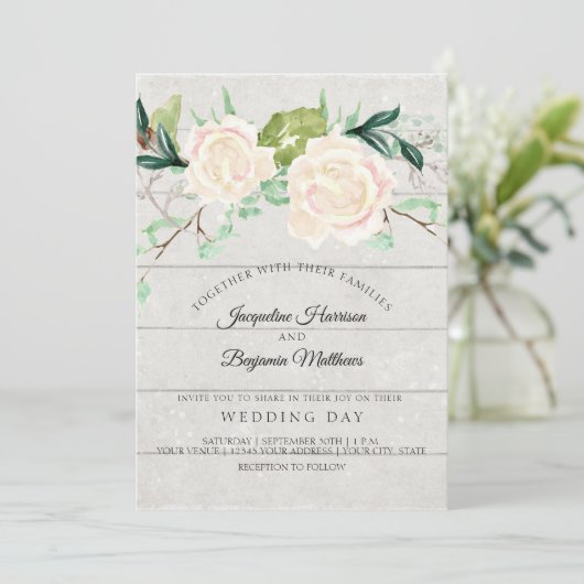 ラスティック ブルームス 水彩 エレガント フローラル アイボリー ローズ 招待状 (スタンド正面)