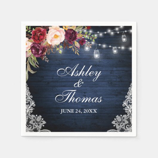 ラスティック ブルー ウッド ウェディング ジャー ライト フローラルレース スタンダードカクテルナプキン (正面)