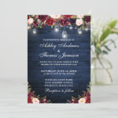 ラスティック ブルー バーガンディ フローラル ジャー ライト ウェディング 招待状 (スタンド正面)