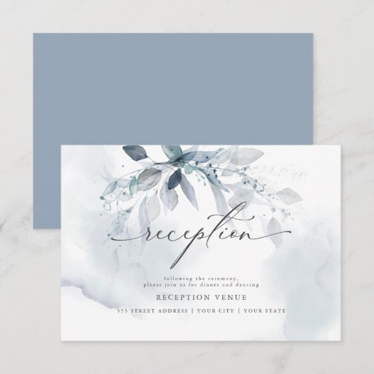 ラスティック ブルー フォリアージ ウォーターカラー レセプション 招待状 (正面/裏面)