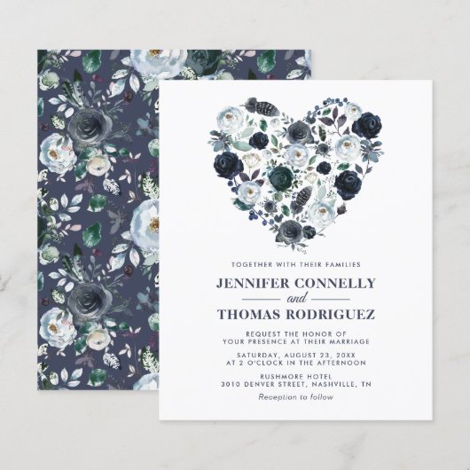 ラスティック ブルー フラワー ハート ウェディング インビテーション (正面/裏面)