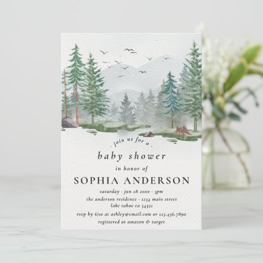 ラスティック ベイビー シャワー 水彩 森の木々 招待状 (スタンド正面)