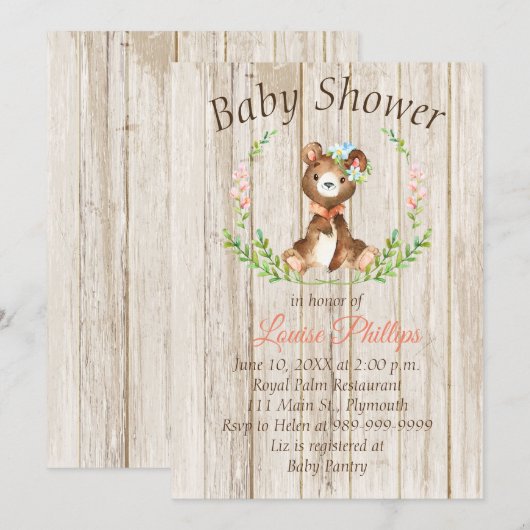 ラスティック ベイビー ベア ベイビー シャワー招待状 招待状 (正面/裏面)
