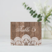 ラスティック ホワイトレースとウッドのウェディングテーブルナンバー ポストカード (スタンド正面)