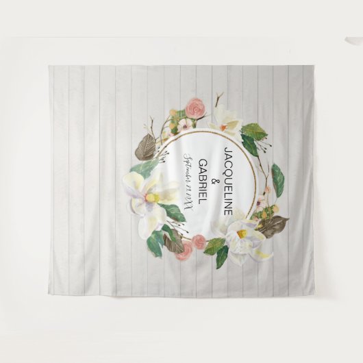 ラスティック ホワイト マグノリア ピンク フラワーズ ウェディング バックドロップ タペストリー (正面(横))