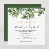 ラスティック ボタニカル グリーン&ゴールド フォリアージ ウェディング セーブザデート (正面/裏面)