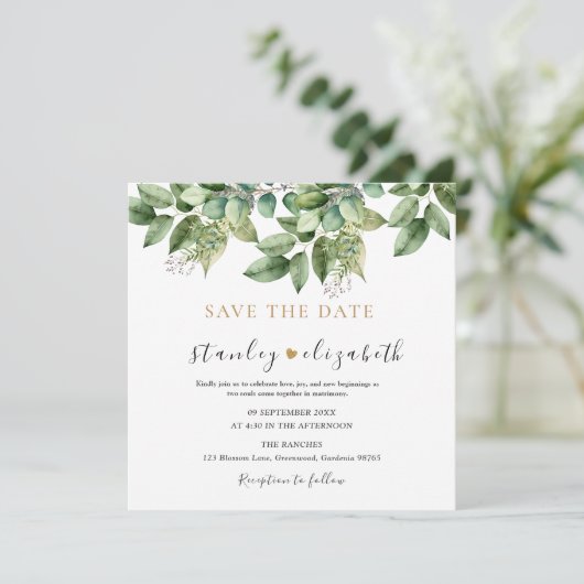 ラスティック ボタニカル グリーン&ゴールド フォリアージ ウェディング セーブザデート (スタンド正面)