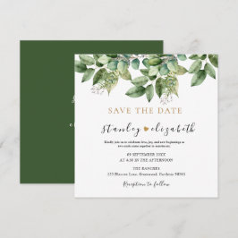 ラスティック ボタニカル グリーン＆ゴールド フォリアージ ウェディング セーブザデート